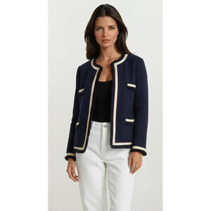 Chanel  Vintage Navy Wool Jacket Blazer With Piping Trim FR 40 Medium